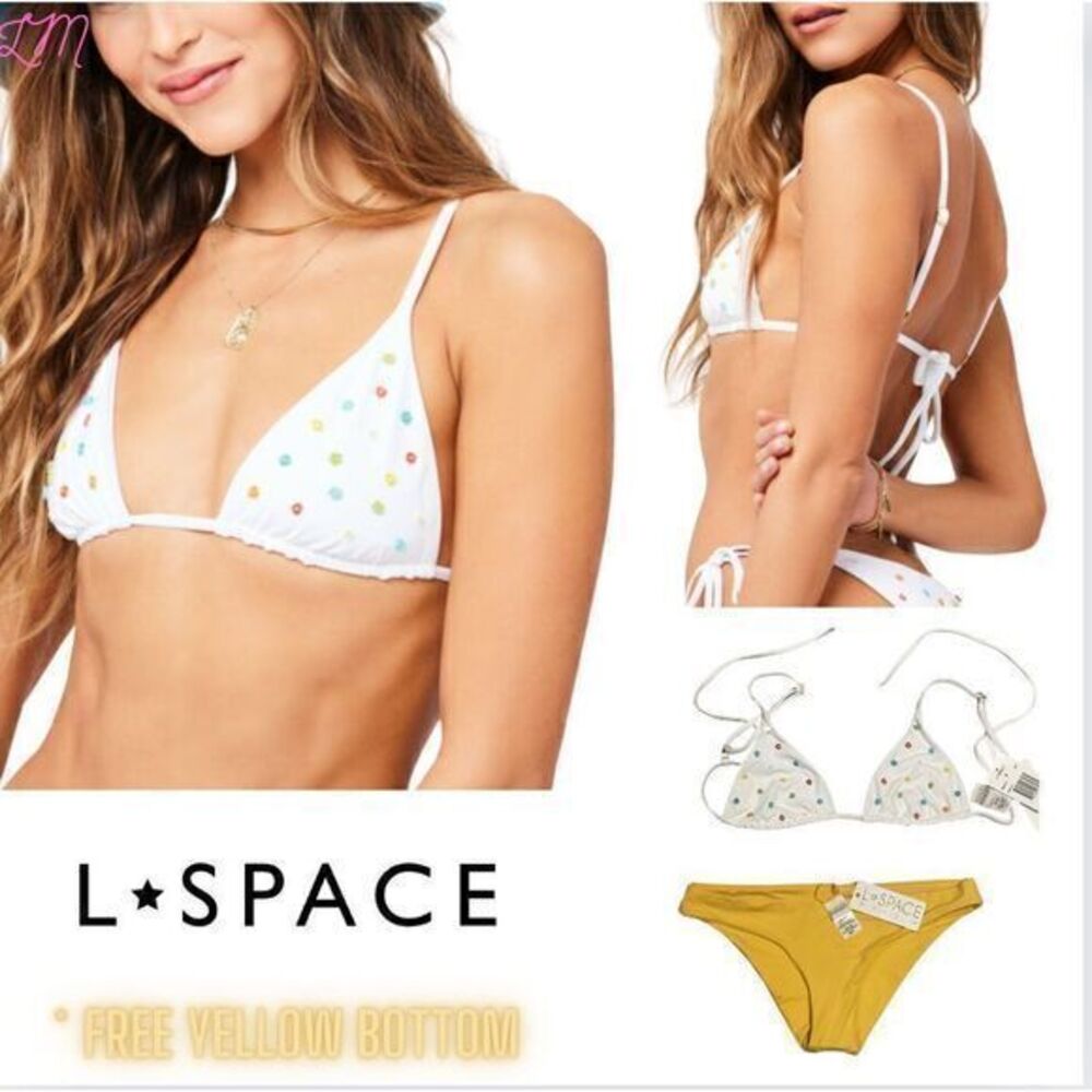 L Space Brittany Triangle Beaded Daisies Bikini‎ Top SIze Small White